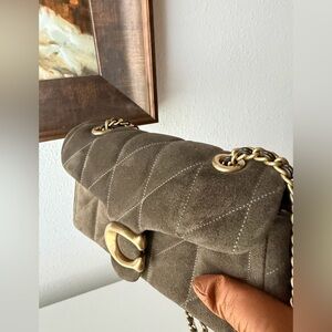 Coach Tabby 20 Quilted Suede Shoulder Bag with Gold Chain.